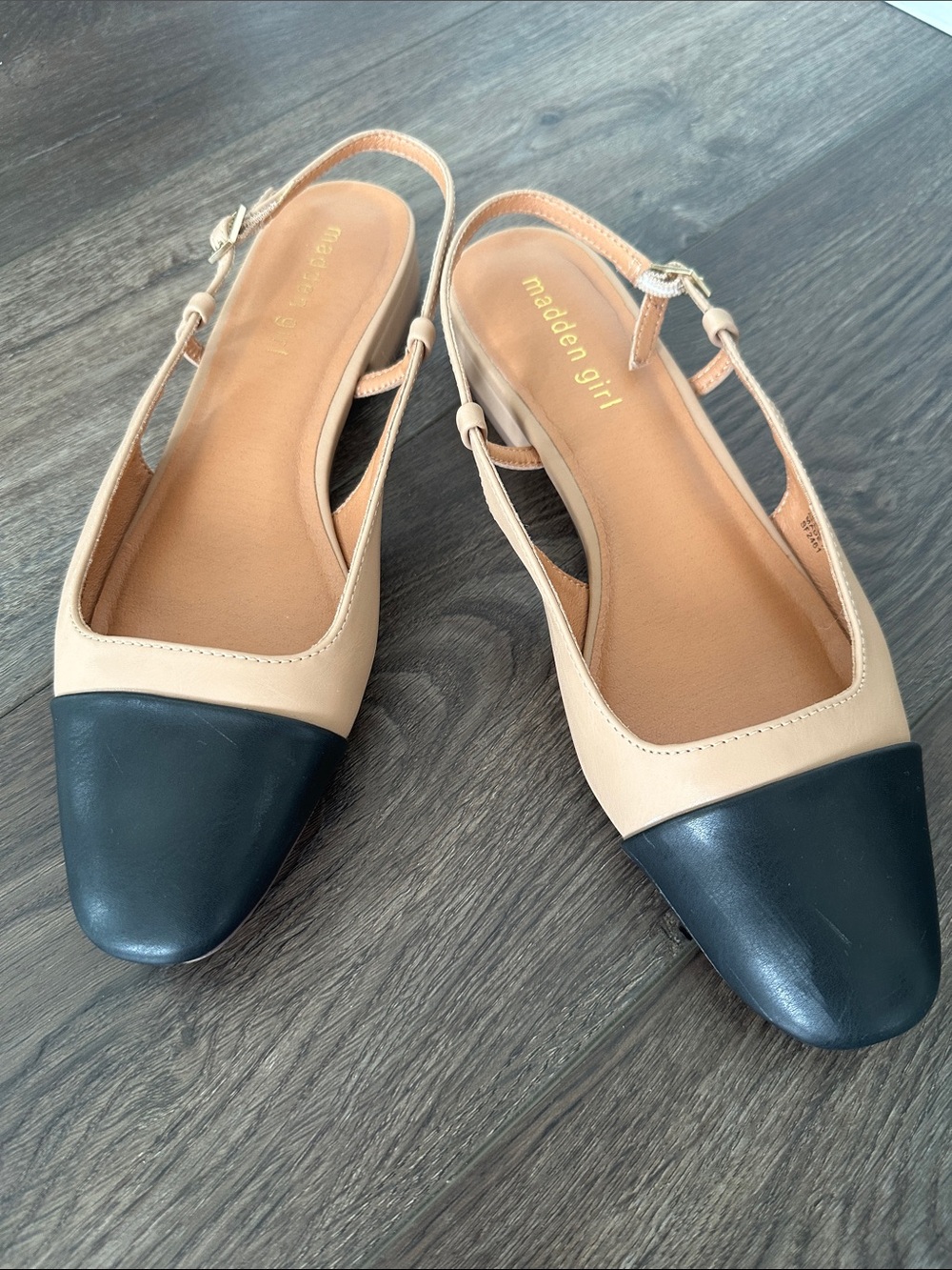 Madden Girl Beige Slingback Flats with Black Cap Toe